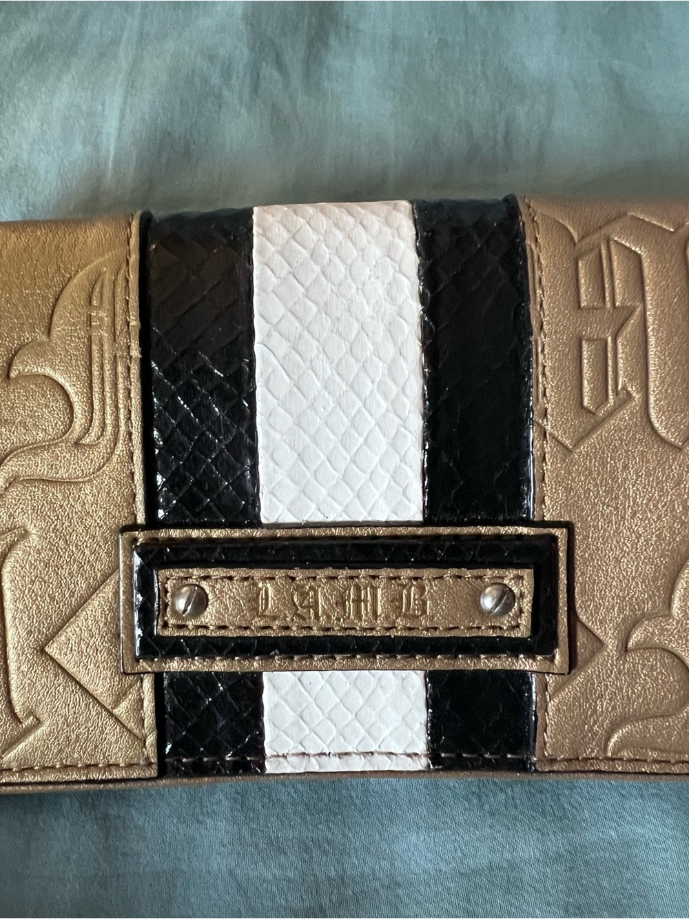 L.A.M.B. Dorset Gold Wallet Embossed with Black and White Faux Snakeskin - Picture 5 of 15